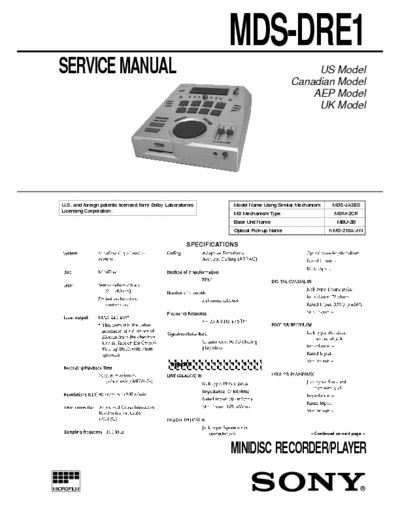 Sony MDS-DRE1 MDS-DRE1 MINIDISC RECORDER/PLAYER, Dolby, 
Service Manual