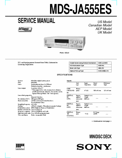 Sony MDS-JA555ES MDS-JA555ES Self Diagnosis MINIDISC DECK
Service Manual