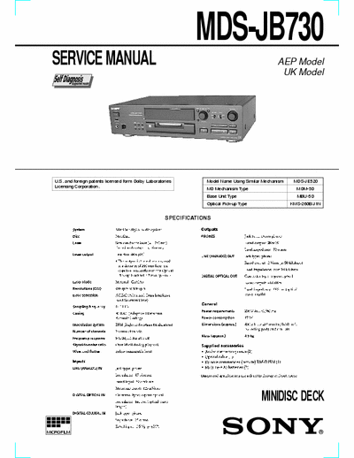 Sony MDS-JB730 MDS-JB730 - MINIDISC DECK -  Self Diagnosis, Dolby -
- Service Manual