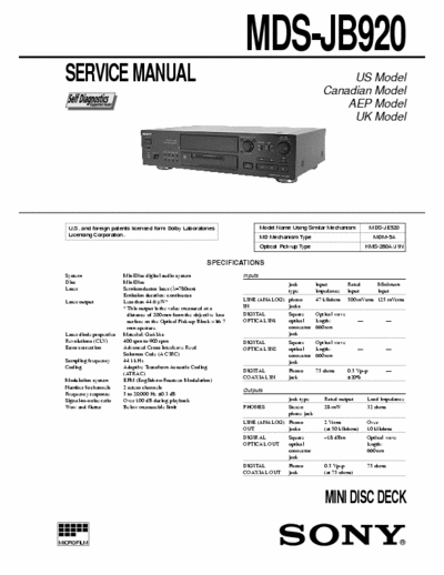 Sony MDS-JB920 MDS-JB920
MiniDisc digital audio system
Service Manual