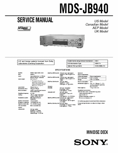 Sony MDS-JB940 MDS-JB940 Minidisc Deck
MiniDisc digital audio system
Full Service Manual