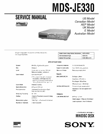Sony MDS-JE330 MDS-JE330 - MINIDISC DECK, Self Diagnosis, Dolby -
- Service Manual