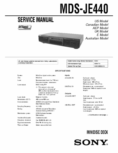 Sony MDS-JE440 MDS-JE440 MINIDISC DECK,self diagnosis,dolby -
- Service Manual