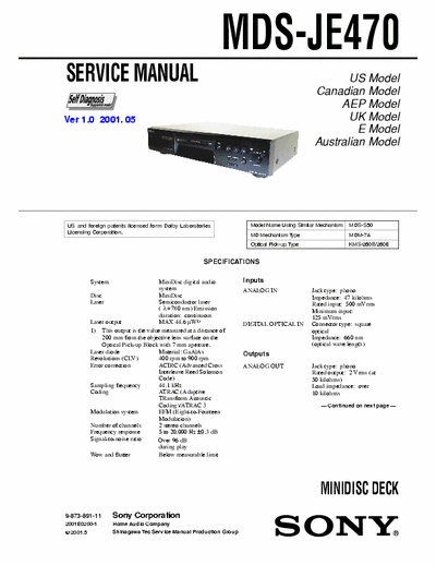 Sony MDS-JE470 MDS-JE470 MINIDISC DECK - Self Diagnosis, Dolby  -
Service Manual