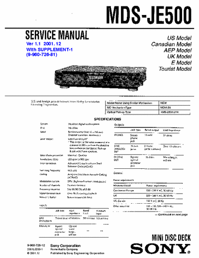 Sony MDS-JE500 MDS-JE500 MiniDisc Deck
MiniDisc Digital Audio System
Service Manual