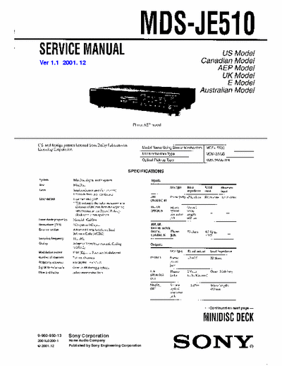 Sony MDS-JE510 MDS-JE510 MiniDisc Digital Dolby Audio Deck
Service Manual