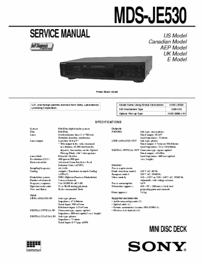 Sony MDS-JE530 MDS-JE530 MINIDISC DECK-dolby,self diagnosis 
- Service Manual