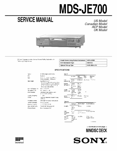 Sony MDS-JE700 MDS-JE700 MINIDISC DECK,self diagnosis,dolby -
- Service Manual