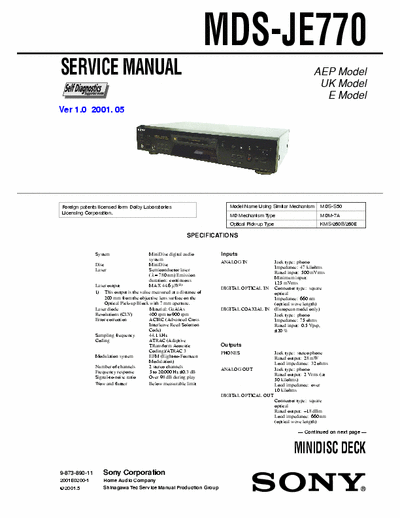 Sony MDS-JE770 MDS-JE770 - MINIDISC DECK -  Self Diagnosis, Dolby -
- Service Manual