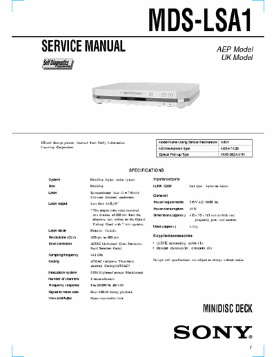 Sony MDS-LSA1 MDS-LSA1 MiniDisc Deck , dolby, Self Diagnosis 
Service Manual