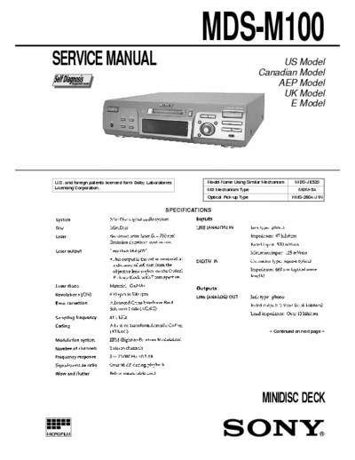 Sony MDS-M100 MDS-M100 MINIDISC DECK - Self Diagnosis, Dolby -
Service Manual