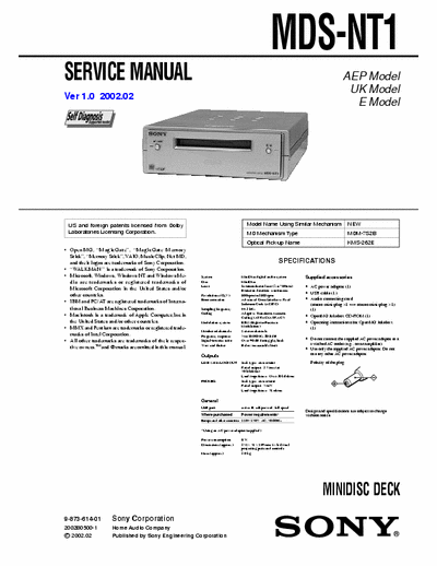 Sony MDS-NT1 MDS-NT1 MINIDISC DECK - 
Self Diagnosis, Dolby -
Service Manual