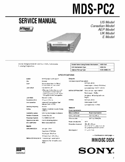 Sony MDS-PC2 MDS-PC2 MINIDISC DECK -
Self Diagnosis, Dolby - 
Service Manual