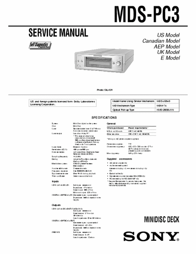 Sony MDS-PC3 MDS-PC3 MINIDISC DECK - Self Diagnosis, Dolby -
Service Manual