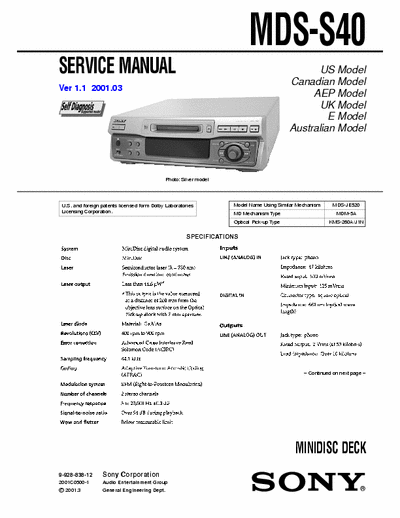 Sony MDS-S40 MDS-S40 MINIDISC DECK,self diagnosis,dolby -
- Service Manual