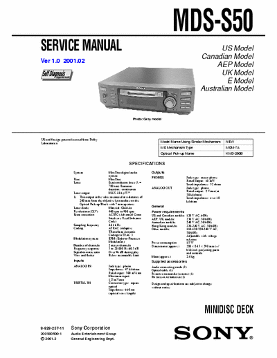 Sony MDS-S50 MDS-S50 MiniDisk deck, dolby,self diagnosis
Service Manual