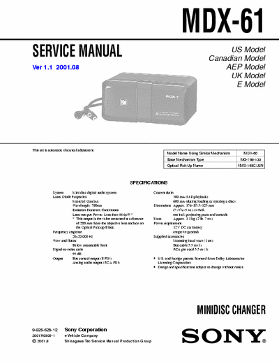 Sony MDX-61 MDX-61 MiniDisk changer, Car audio - 
Service Manual