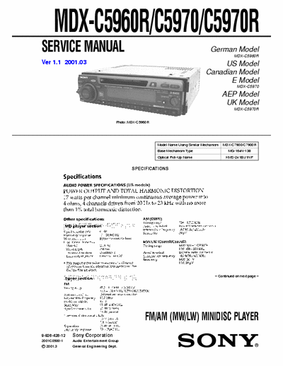 Sony MDX-C5960R MDX-C5960R/C5970/C5970R FM/AM (MW/LW) MINIDISC PLAYER Car Audio
Service Manual