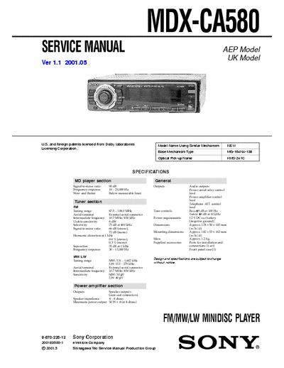Sony MDX-CA580 MDX-CA580 FM/MW/LW MINIDISC PLAYER - Car Audio - 
Service Manual