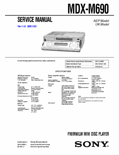 Sony MDX-M690 MDX-M690 FM/MW/LW MINI DISC PLAYER Car Audio 
Service Manual