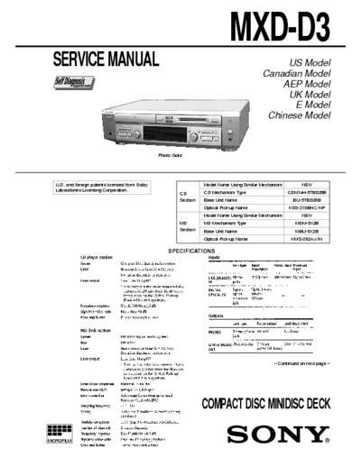 Sony MXD-D3 MXD-D3 COMPACT DISC MINIDISC DECK
Self diagnosis, dolby 
Service Manual