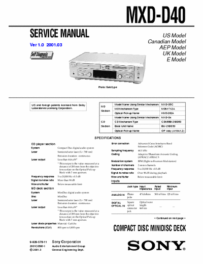 Sony MXD-D40 MXD-D40 COMPACT DISC MINIDISC DECK - Self Diagnosis, dolby 
Service Manual