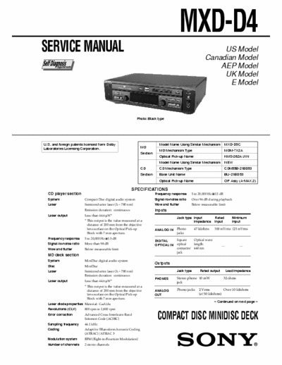 Sony MXD-D4 MXD-D4 COMPACT DISC MINIDISC SELF DIAGNOSIS DOLBY DECK
Service Manual