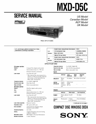 Sony MXD-D5C MXD-D5C Self Diagnosis COMPACT DISC MINIDISC DECK
Service Manual