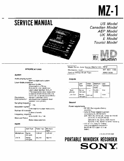 Sony MZ-1 MZ-1 MiniDisc Walkman
Portable MiniDisc Recorder
Service Manual