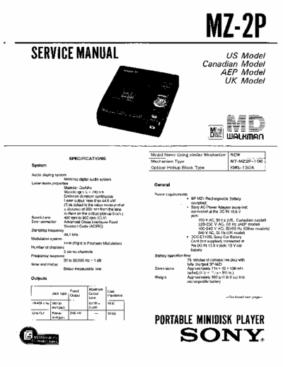 Sony MZ-2P MZ-2P MiniDisc Walkman
Portable MiniDisc Player
Service Manual