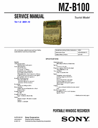 Sony MZ-B100 MZ-B100 PORTABLE MINIDISC RECORDER - 
Service Manual