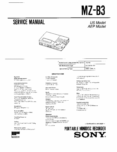 Sony MZ-B3 MZ-B3 Portable MiniDisc Recorder/Player
Service Manual