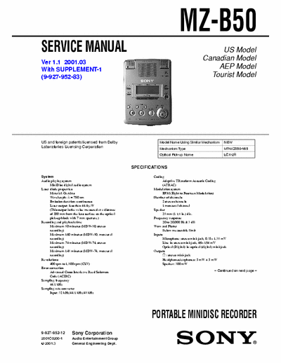 Sony MZ-B50 MZ-B50 PORTABLE MINIDISC RECORDER 
- Service Manual