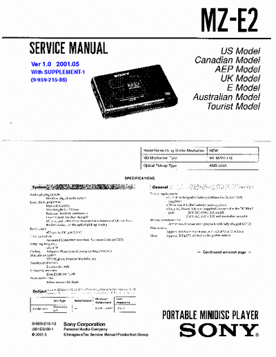 Sony MZ-E2 MZ-E2 Portable MiniDisc Player
Service Manual