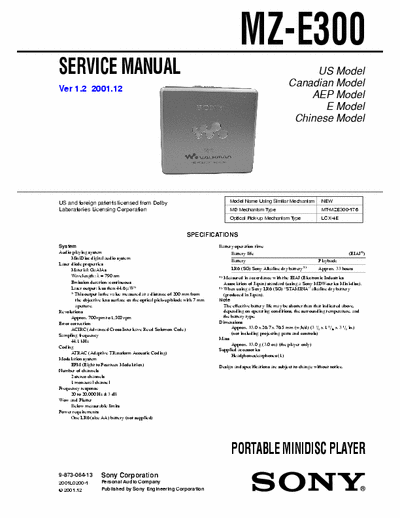 Sony MZ-E300 MZ-E300 PORTABLE MINIDISC PLAYER - 
Service Manual