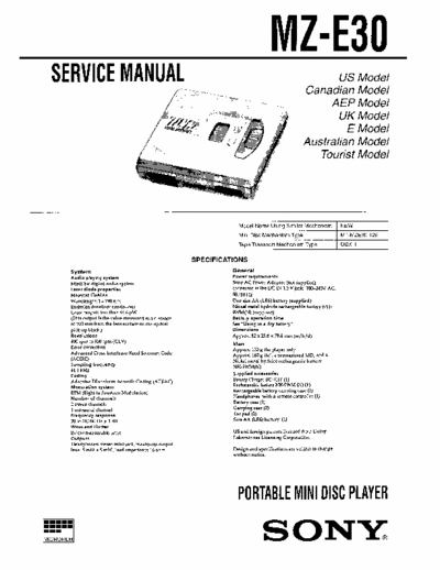 Sony MZ-E30 MZ-E30 Portable MiniDisc Player -
Service Manual