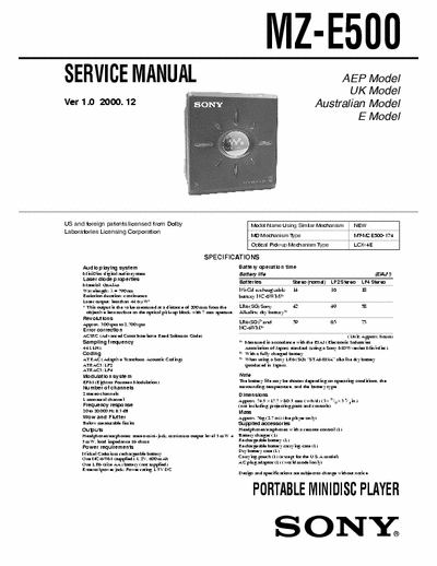 Sony MZ-E500 MZ-E500 - PORTABLE MINIDISC PLAYER -
- Service Manual