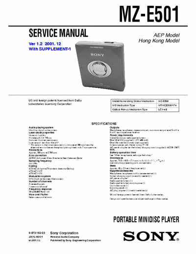 Sony MZ-E501 MZ-E501 - PORTABLE MINIDISC PLAYER 
- Service Manual