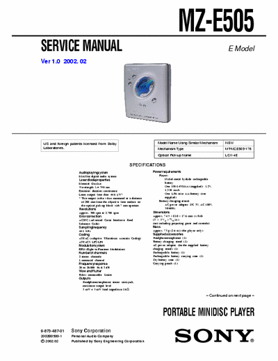 Sony MZ-E505 MZ-E505 PORTABLE MINIDISC PLAYER - 
Service Manual