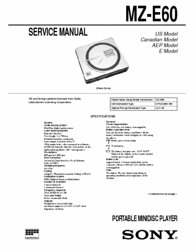 Sony MZ-E60 MZ-E60 PORTABLE MINIDISC PLAYER - 
Service Manual