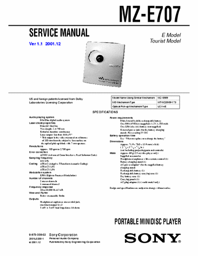 Sony MZ-E707 MZ-E707 PORTABLE MINIDISC PLAYER - 
Service Manual