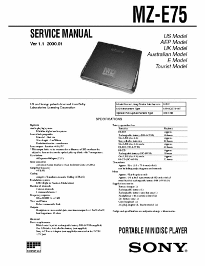 Sony MZ-E75 MZ-E75 PORTABLE MINIDISC PLAYER - 
Service Manual