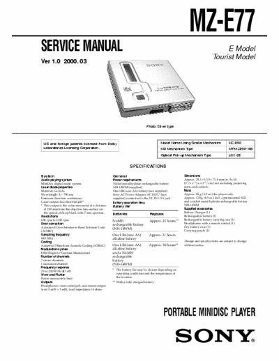 Sony MZ-E77 MZ-E77 PORTABLE MINIDISC PLAYER - 
Service Manual