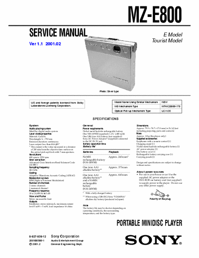 Sony MZ-E800 MZ-E800 PORTABLE MINIDISC PLAYER - 
Service Manual