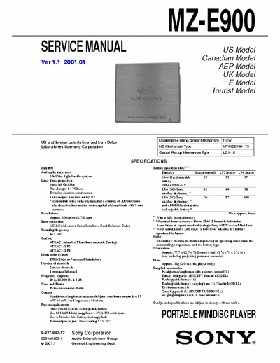 Sony MZ-E900 MZ-E900 PORTABLE MINIDISC PLAYER - 
Service Manual