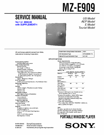 Sony MZ-E909 MZ-E909 Portable MiniDisc Player -
Service Manual