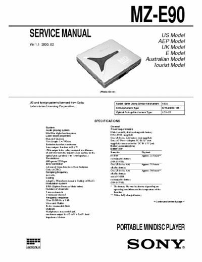 Sony MZ-E90 MZ-E90 PORTABLE MINIDISC PLAYER - 
Service Manual