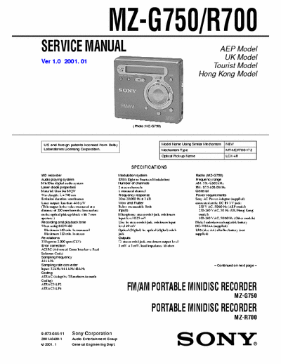 Sony MZ-G750 MZ-G750 FM/AM PORTABLE MINIDISC RECORDER-
MZ-R700 PORTABLE MINIDISC RECORDER - 
Service Manual