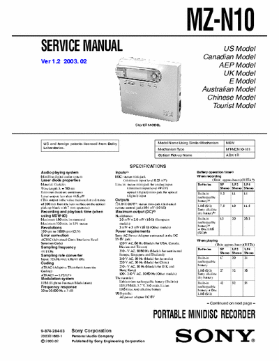 Sony MZ-N10 MZ-N10 PORTABLE MINIDISC RECORDER -
Service Manual