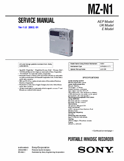 Sony MZ-N1 MZ-N1 PORTABLE MINIDISC RECORDER - 
Service Manual
